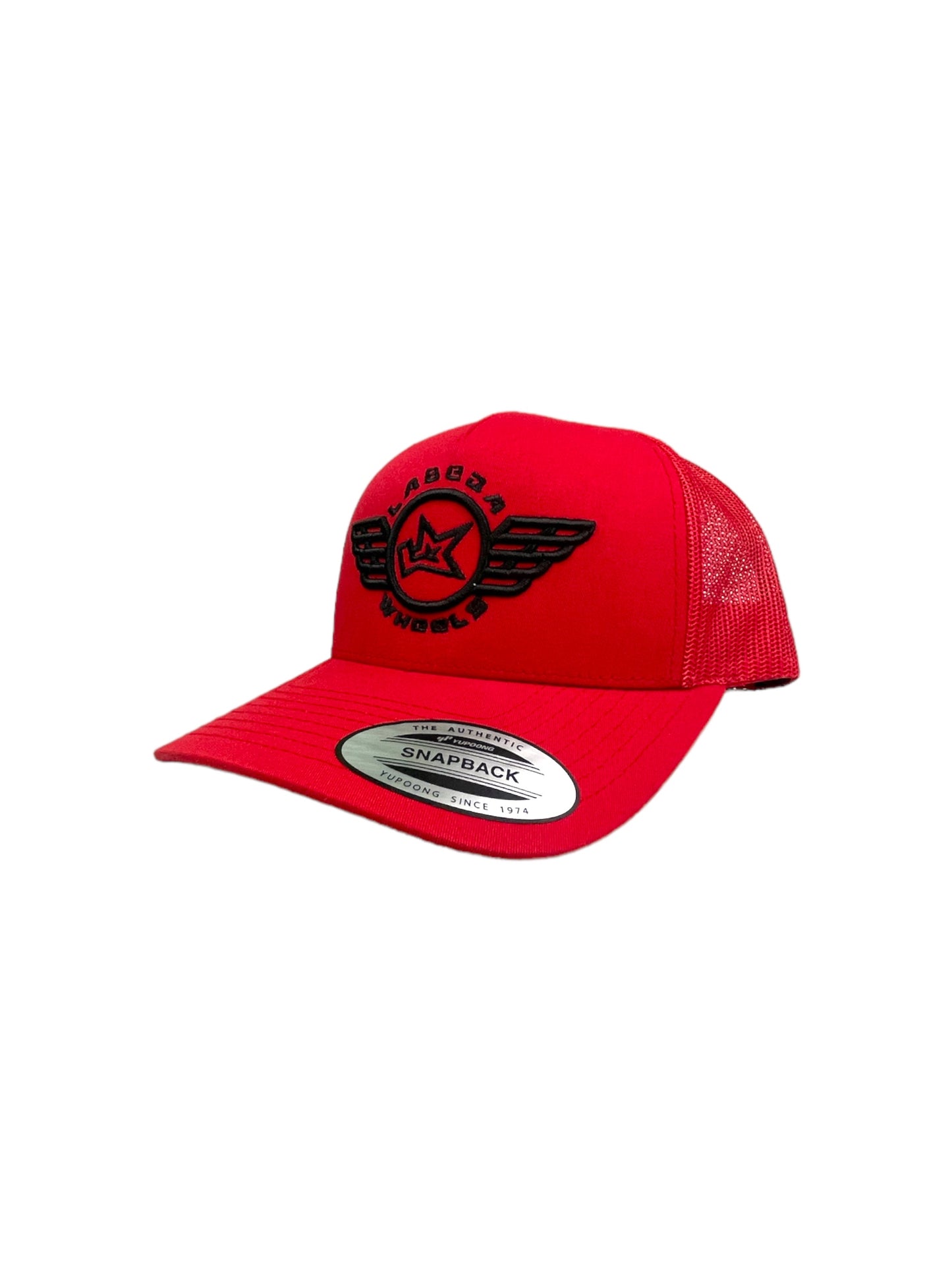 Curve Bill Hat – 5 Panel Retro Trucker Labeda Wings  Red/Black