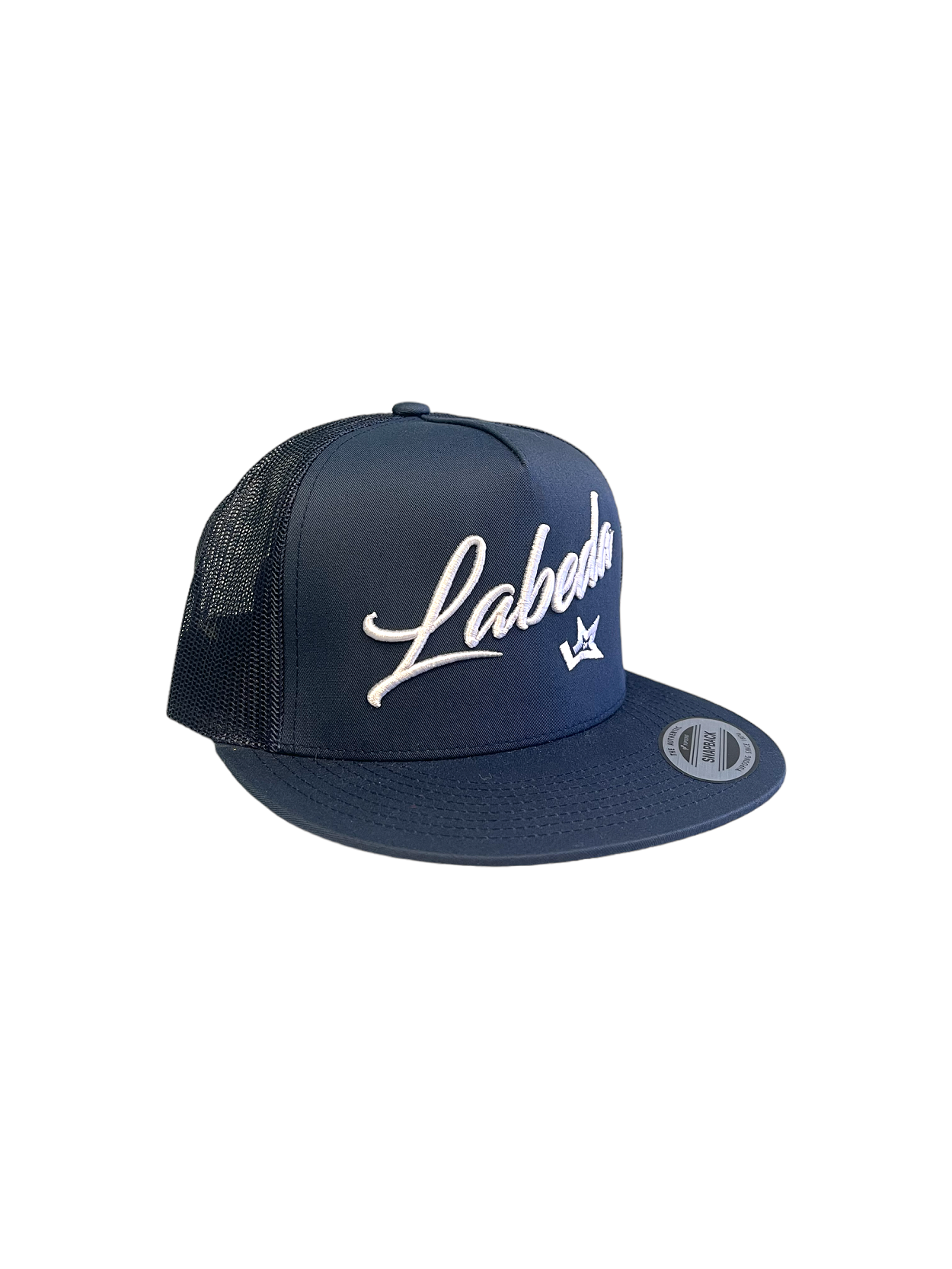 Flat Bill Hat – 5 Panel Classic Trucker Labeda Script Navy