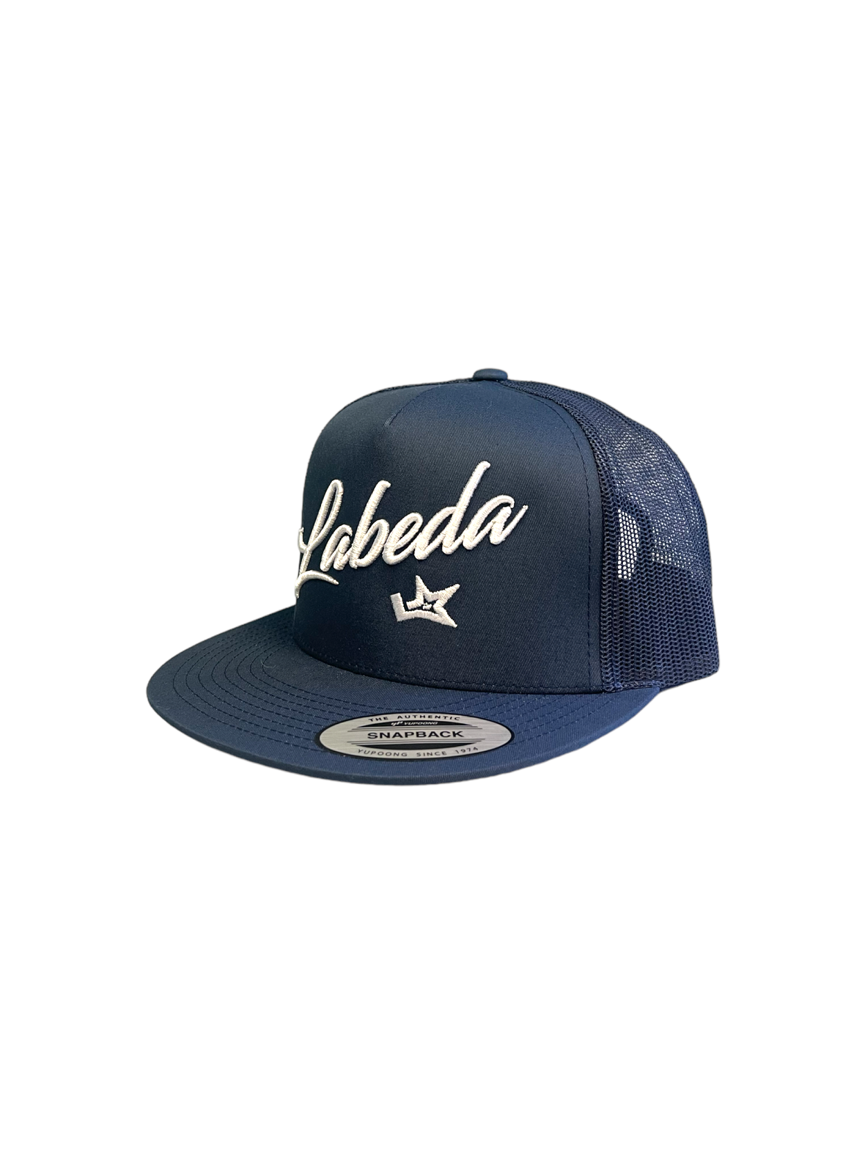 Flat Bill Hat – 5 Panel Classic Trucker Labeda Script Navy