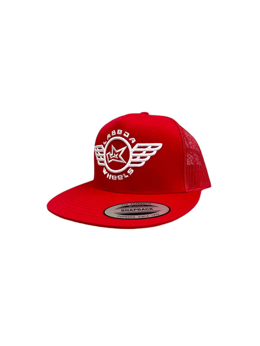 Flat Bill Hat – 5 Panel Classic Trucker Labeda Wings  Red/White